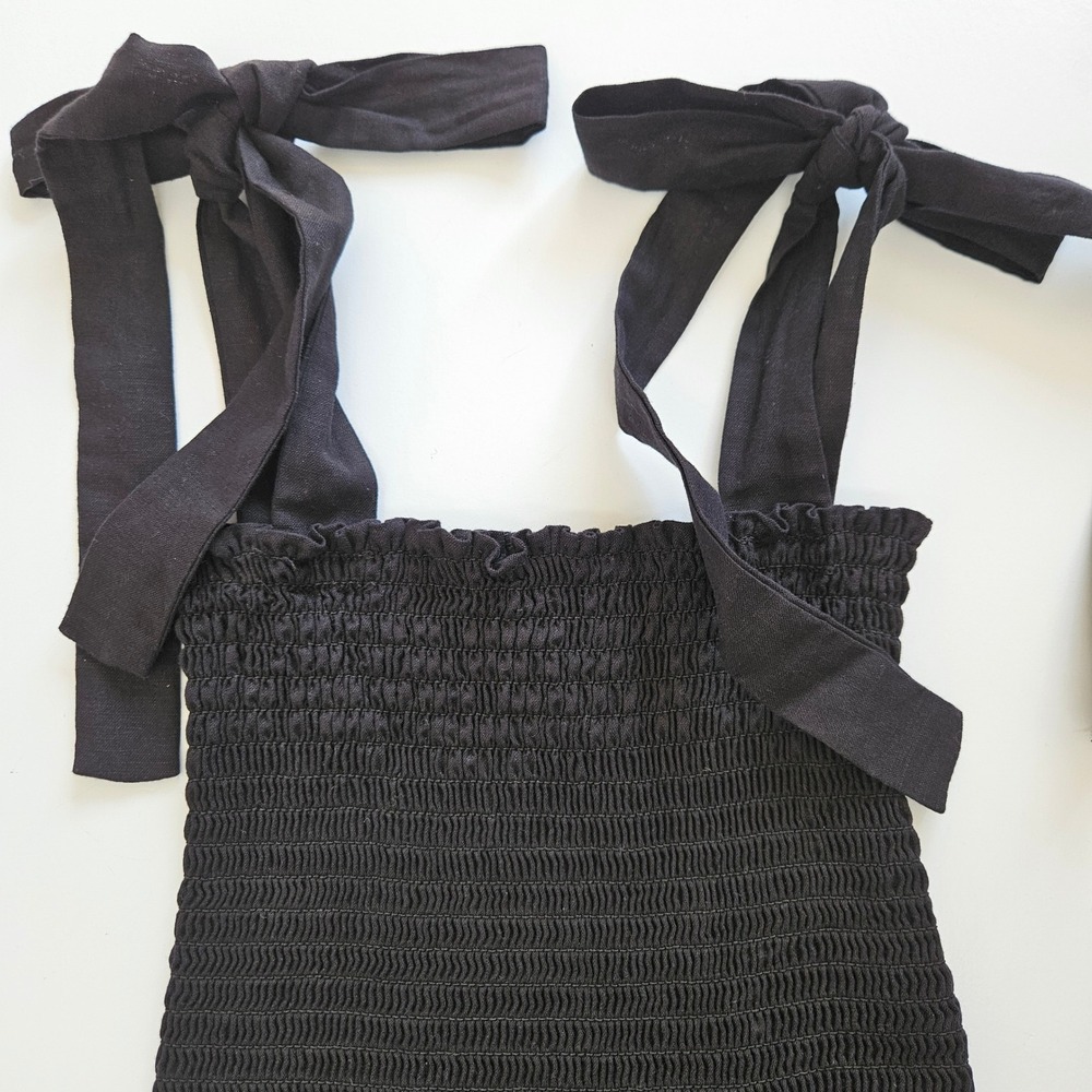 Kourt Black Smocked Linen Blend Tie Shoulder Peplum Little Black Top XS‎ - Picture 5 of 10